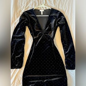 Little black dress studded with rhinestones, Low cut neck line
